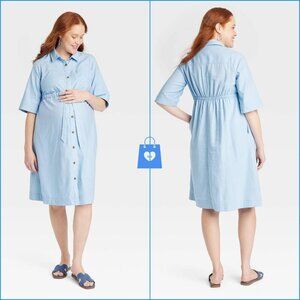 Large - Elbow Sleeve Midi Maternity Linen Shirtdress - Isabel Maternity - Blue